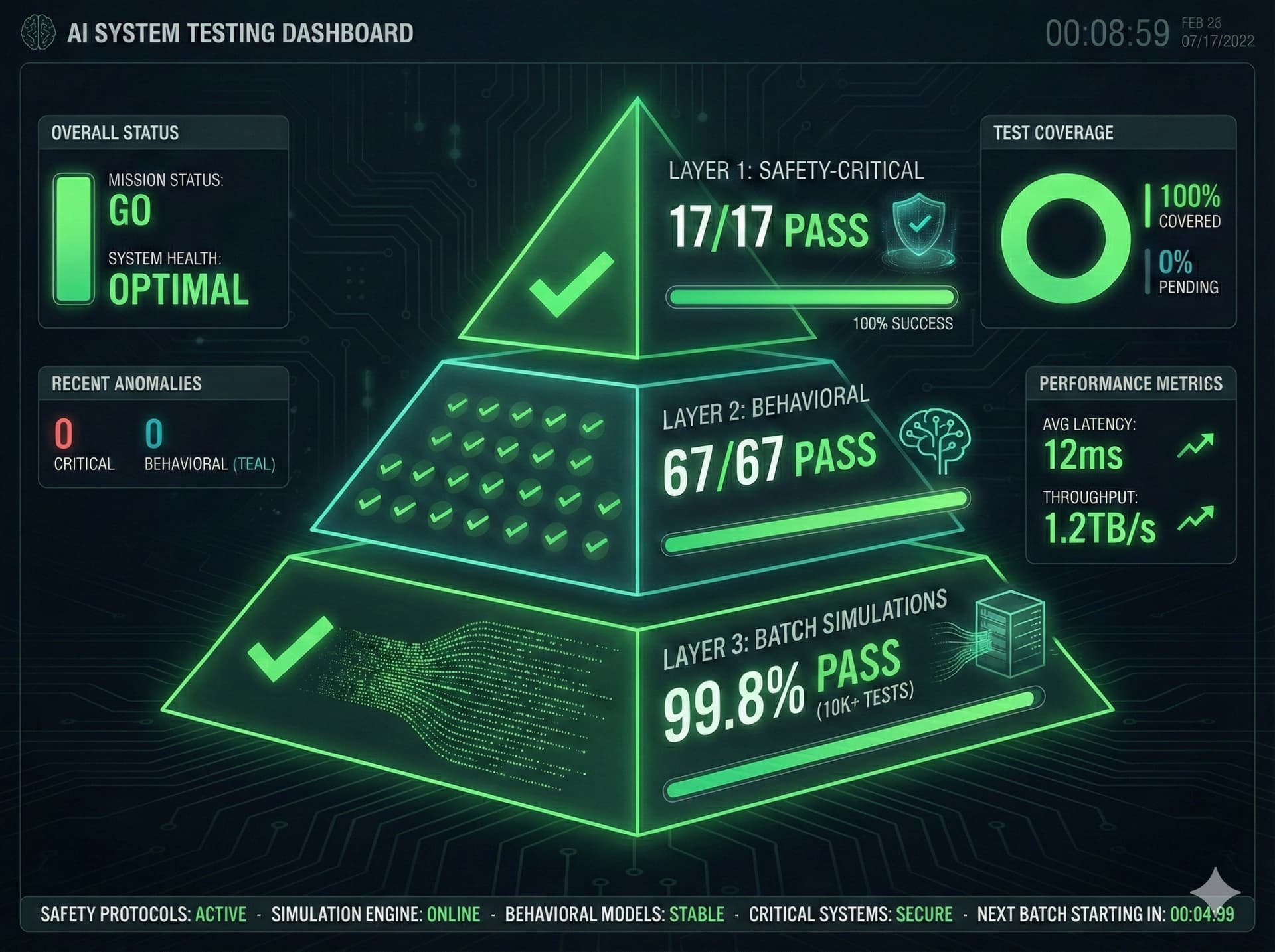 AI System Testing Dashboard showing 100% pass rates