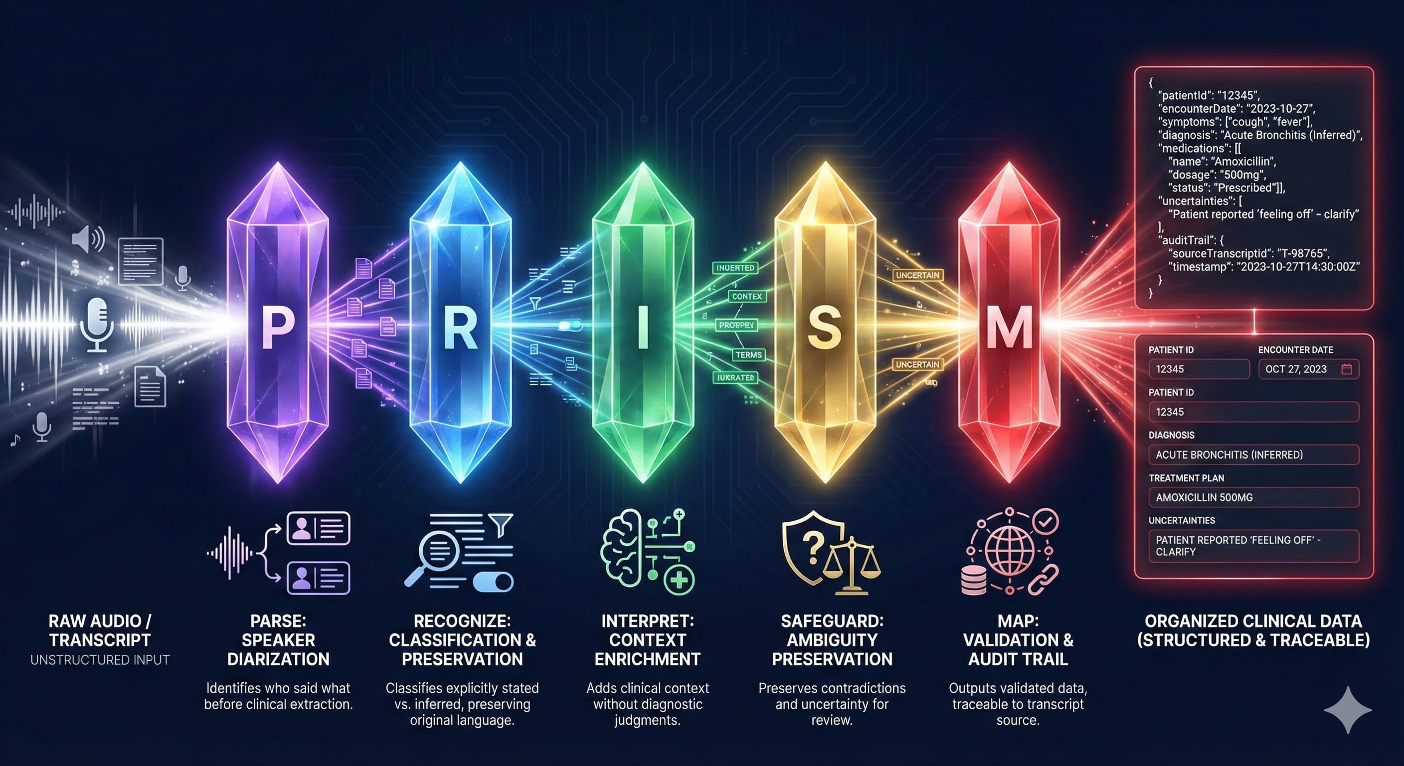 PRISM 5-Stage Pipeline: Parse, Recognize, Interpret, Safeguard, Map